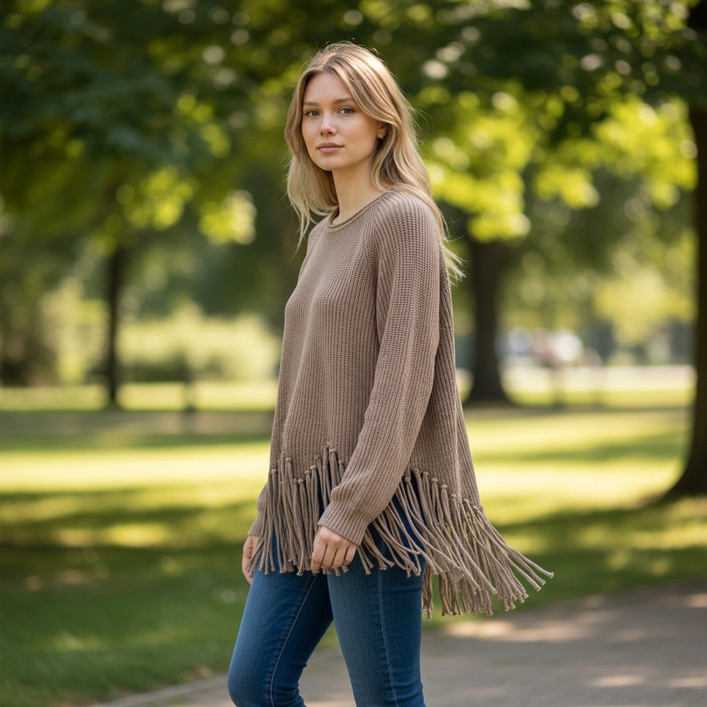 Chicos Petite Metallic Fringe Hem Shaker Knit Sweater Taupe Brown Size‎ 2P Large
